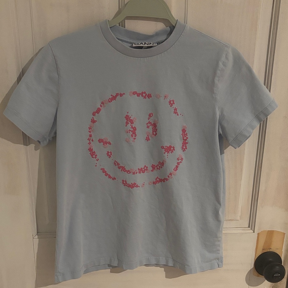 Ganni Light Blue Short Sleeve Tee with Pink Floral Smiley